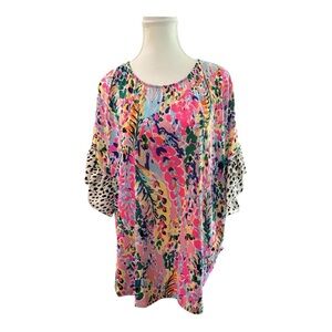 Beeson River Multicolor Floral Blouse with Ruffle Sleeves Size Unknown Fits L/XL